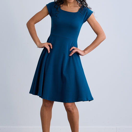 womens organic pima cotton ballet neck dress - peacock blue - fair indigo fair trade ethically made