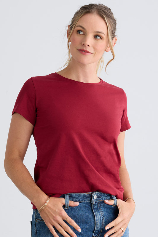 womens organic 100% cotton crew neck t-shirt - bonfire red - fair indigo fair trade ethically made
