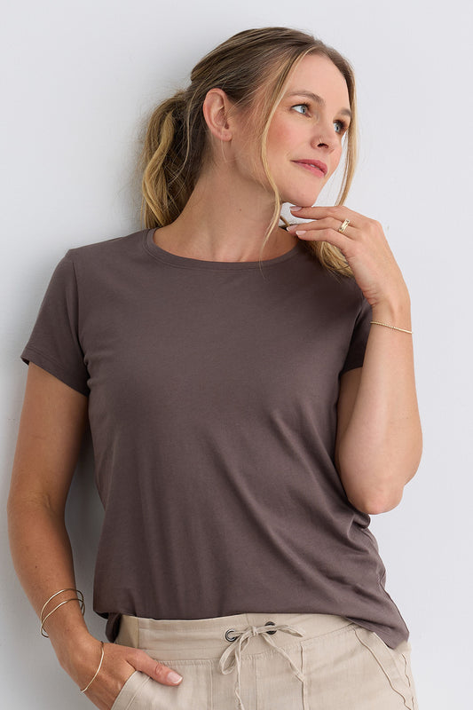 womens organic 100% cotton crew neck t-shirt - iron brown - fair indigo fair trade ethically made