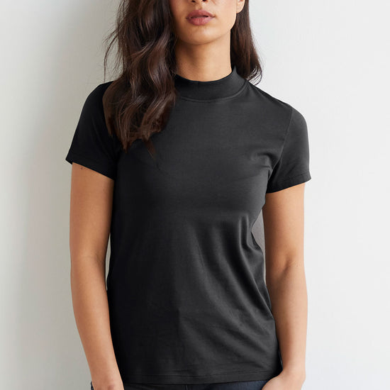 womens organic pima cotton slim fit mock neck tee - black - fair indigo fair trade ethically made