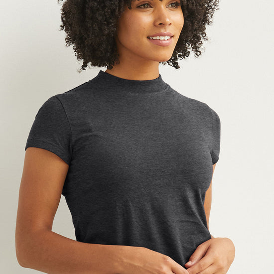 womens organic pima cotton slim fit mock neck tee - dark charcoal heather grey - fair indigo fair trade ethically made