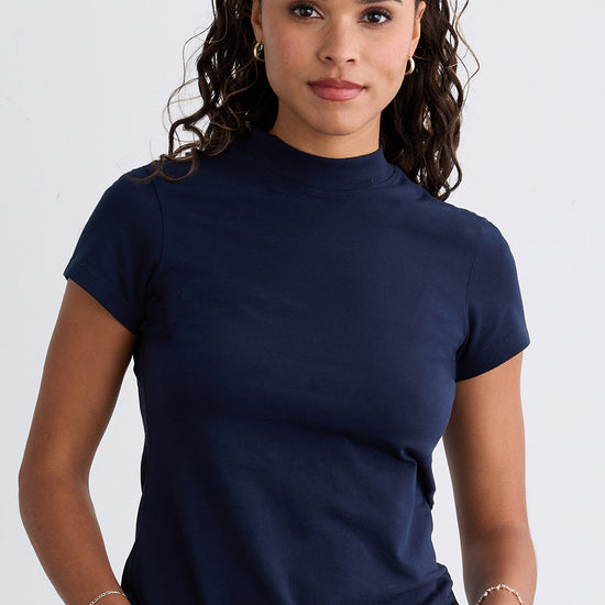 womens organic slim mock neck tee - dark navy blue - fair indigo fair trade ethically made