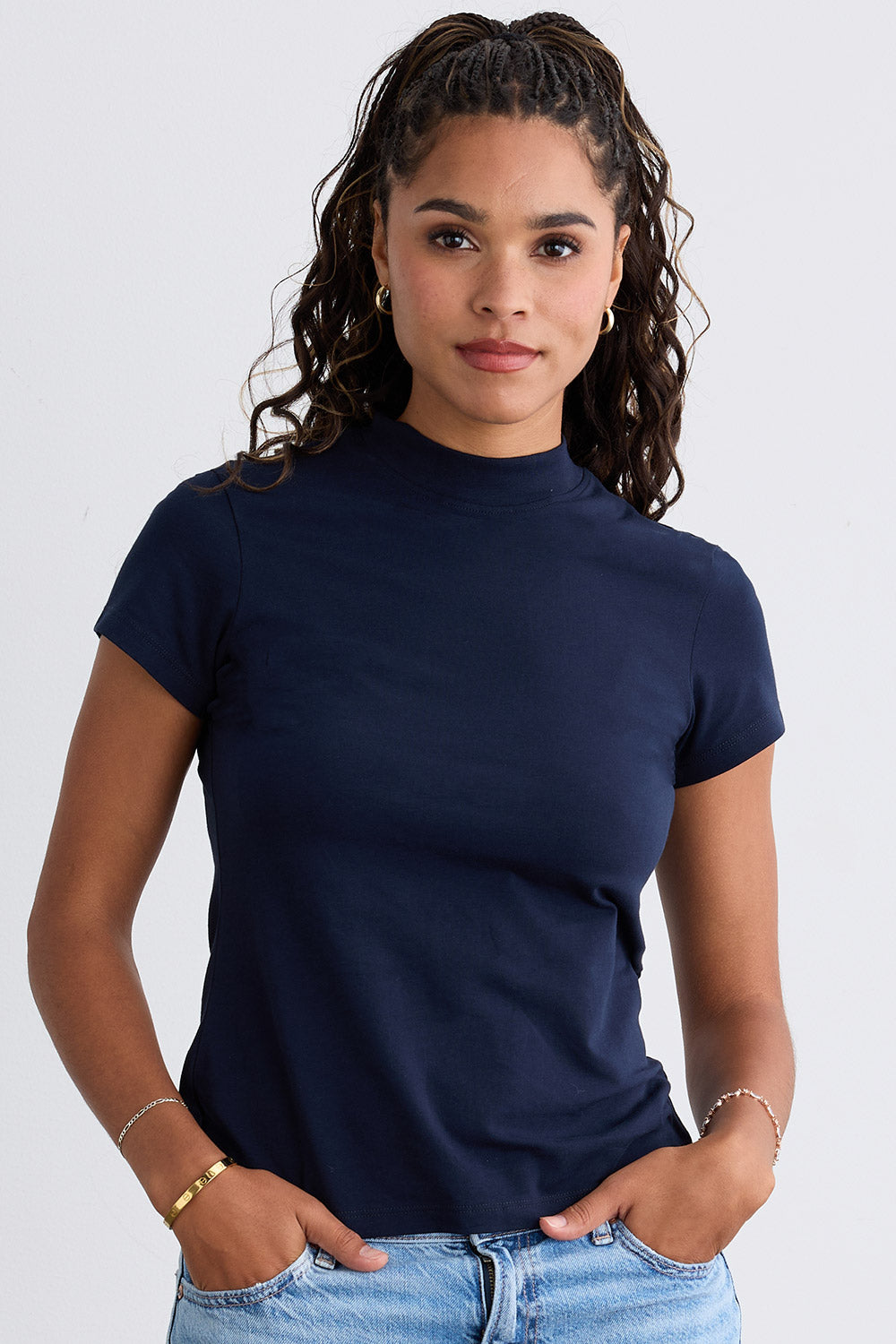 womens organic slim mock neck tee - dark navy blue - fair indigo fair trade ethically made
