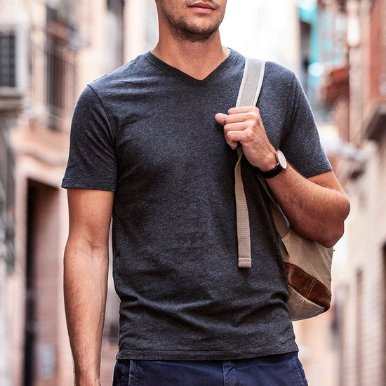mens organic blend v neck t shirt- dark charcoal heather grey - fair trade ethically made