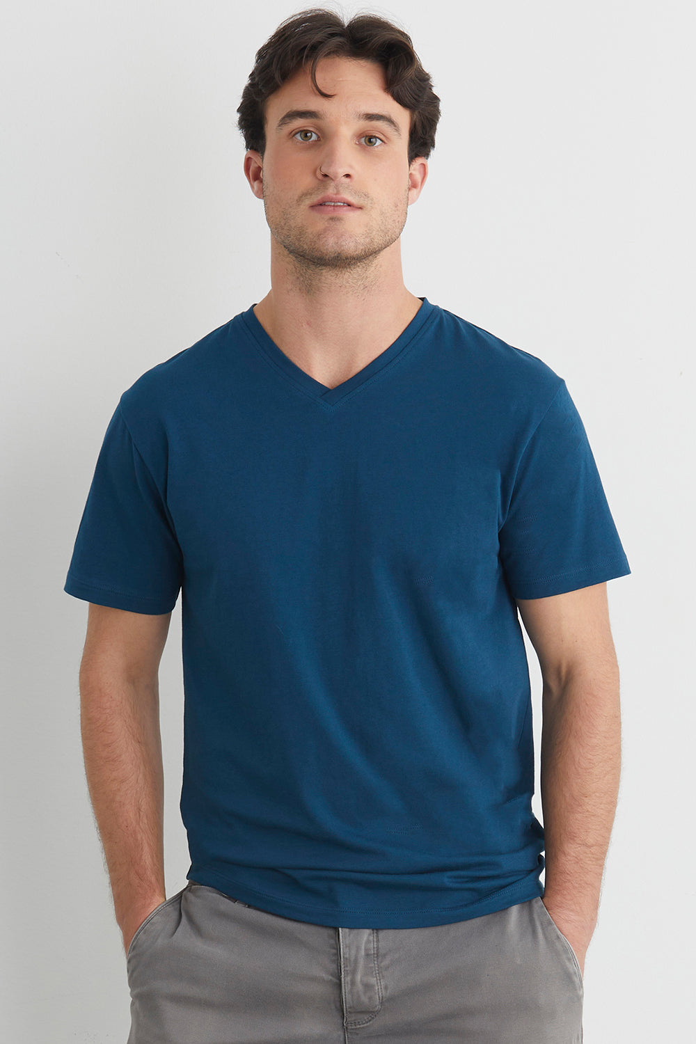 mens organic cotton v-neck tee - peacock blue - fair indigo fair trade ethically made