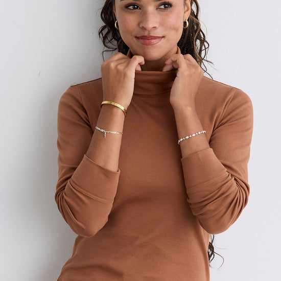 womens organic pima cotton knit turtleneck -cognac brown - fair indigo fair trade ethically made