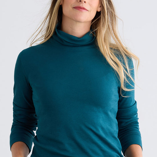 womens organic pima cotton knit turtleneck -peacock blue - fair indigo fair trade ethically made