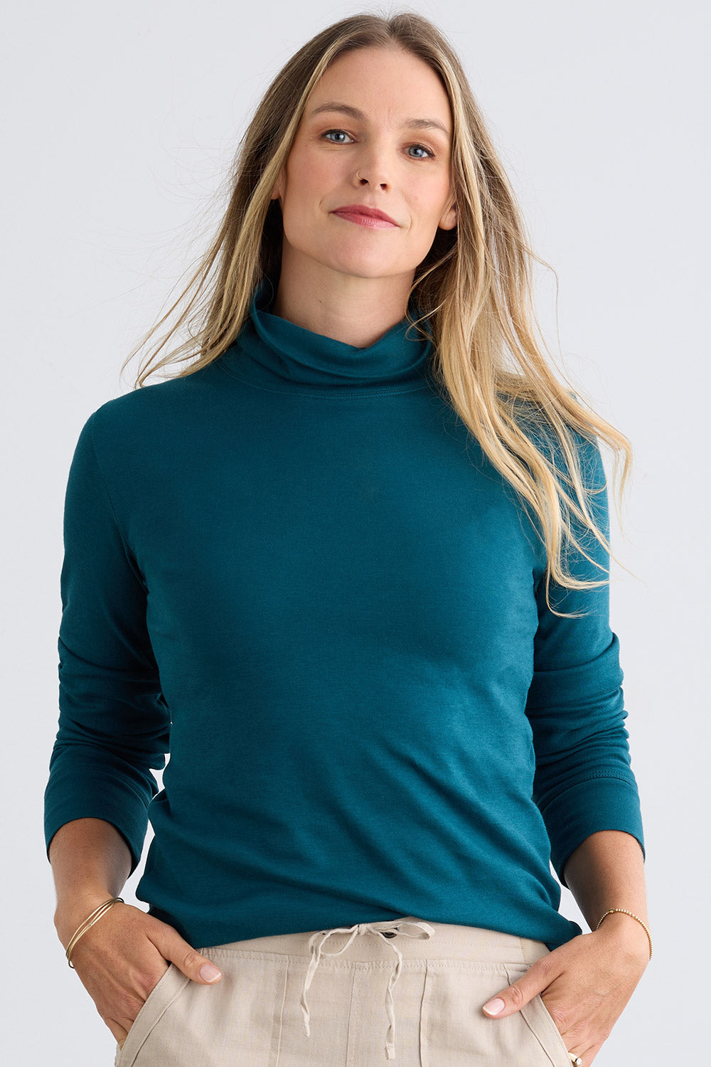 womens organic pima cotton knit turtleneck -peacock blue - fair indigo fair trade ethically made