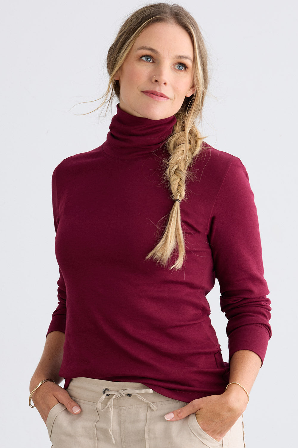 womens organic pima cotton knit turtleneck -wine burgundy - fair indigo fair trade ethically made