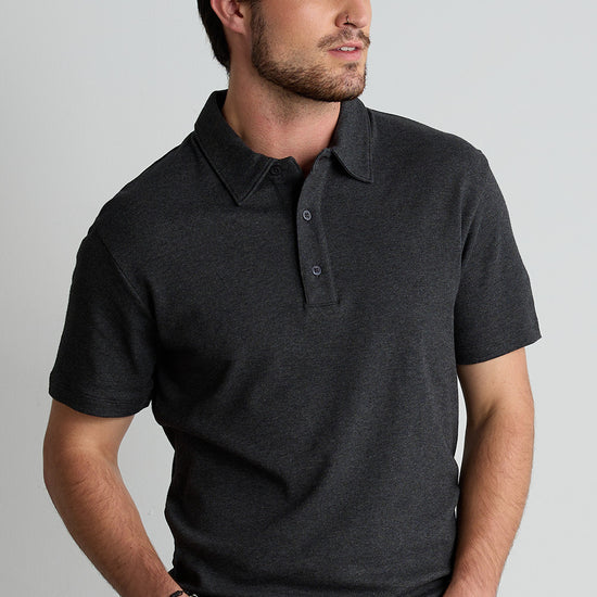 mens organic all cotton luxe polo - dark charcoal heather grey - fair indigo fair trade ethically made