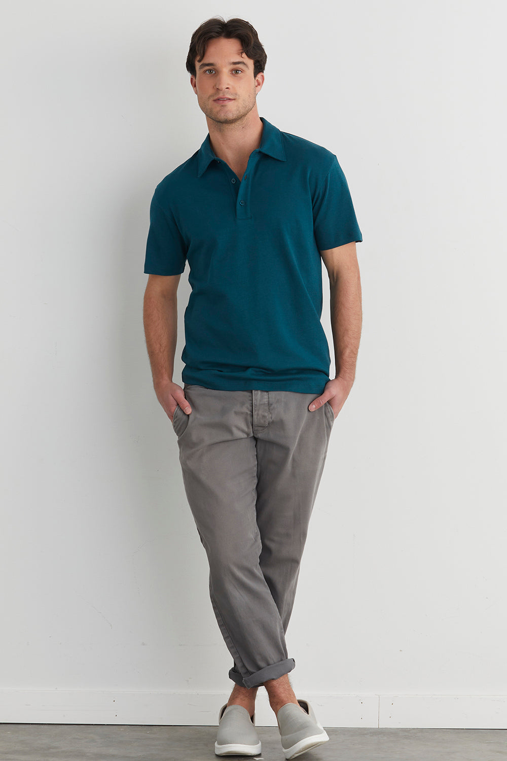 mens 100% organic pima cotton luxe polo - deep teal green - fair indigo fair trade ethically made