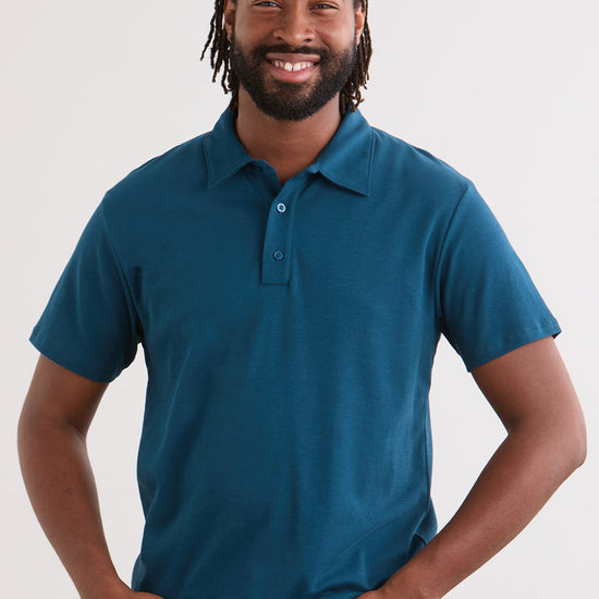 mens organic all cotton luxe polo - peacock teal blue - fair indigo fair trade ethically made