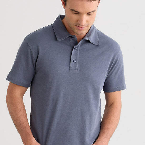mens 100% organic pima cotton luxe polo shirt - slate blue grey - fair indigo fair trade ethically made