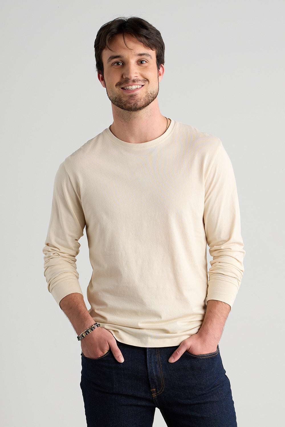 mens organic 100% cotton long sleeve tee - undyed natural beige- fair indigo - ethically made fair trade
