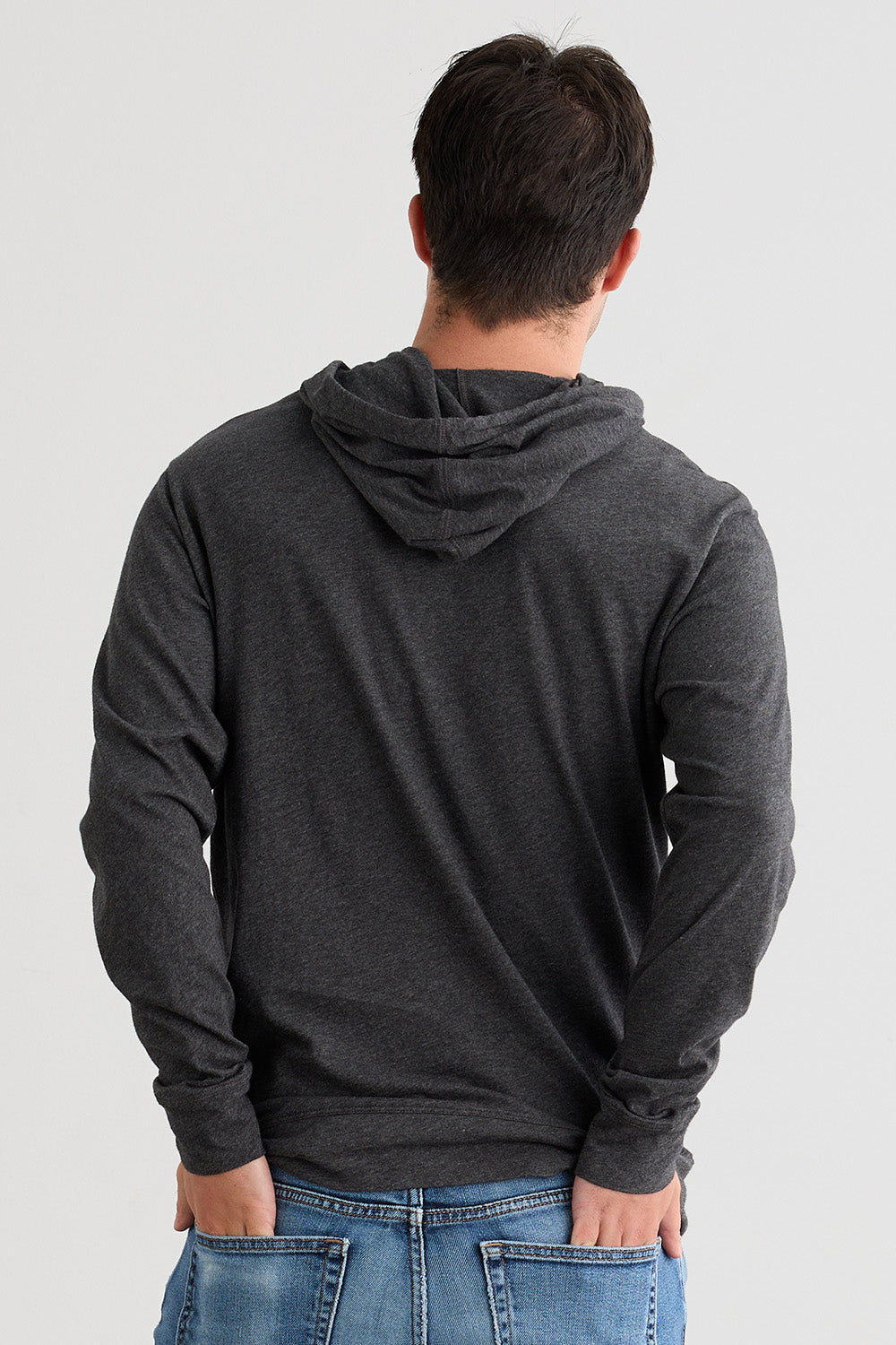 mens organic 100% cotton lightweight pullover hoodie dark charcoal heather grey - fair indigo - fair trade - ethically made