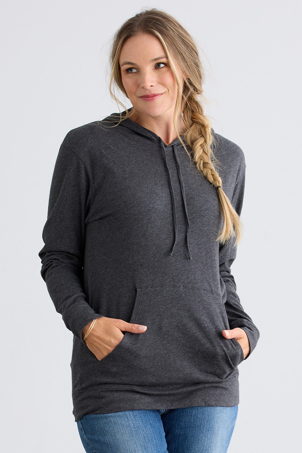 mens organic 100% cotton lightweight pullover hoodie dark charcoal heather grey - fair indigo - fair trade - ethically made