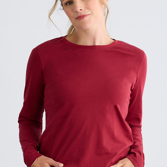womens organic all cotton relaxed long sleeve crew neck t-shirt- bonfire red - fair trade ethically made