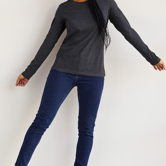 womens organic all cotton relaxed long sleeve crew neck t-shirt- charcoal grey - fair trade ethically made