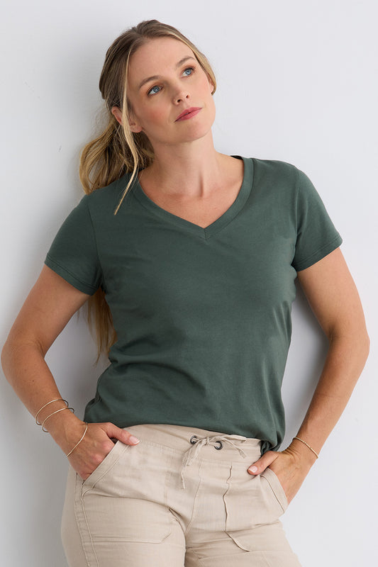womens 100% cotton relaxed v-neck tee - balsam - fair indigo - ethically made fair trade