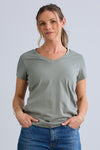 womens organic all-cotton relaxed v-neck t-shirt - sage green- fair indigo - ethically made fair trade