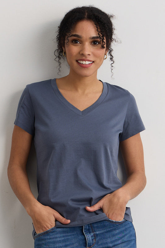 womens 100% organic cotton relaxed v-neck t-shirt - slate blue- fair indigo - ethically made fair trade