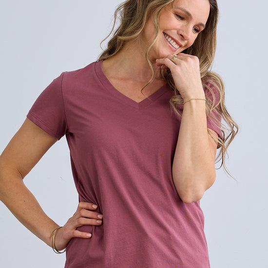 womens organic pima cotton relaxed v-neck tee - soft plum pink- fair indigo - ethically made fair trade