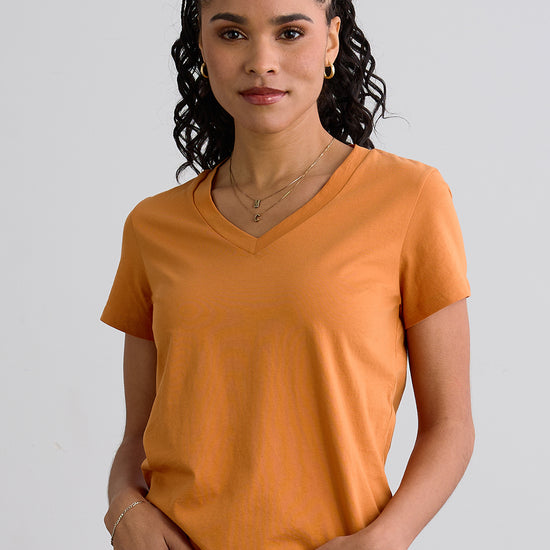 womens 100% cotton relaxed v-neck tee - tomato cream orange - fair indigo - ethically made fair trade