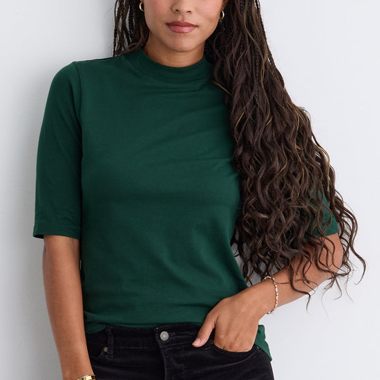 womens organic half sleeve mock neck tee - dark pine green - fair indigo fair trade ethically made