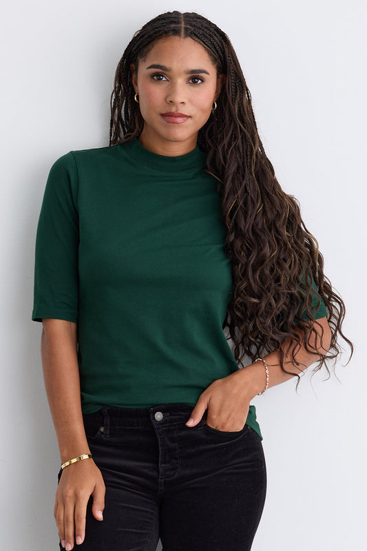 womens organic half sleeve mock neck tee - dark pine green - fair indigo fair trade ethically made