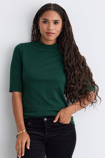 womens organic half sleeve mock neck tee - dark pine green - fair indigo fair trade ethically made