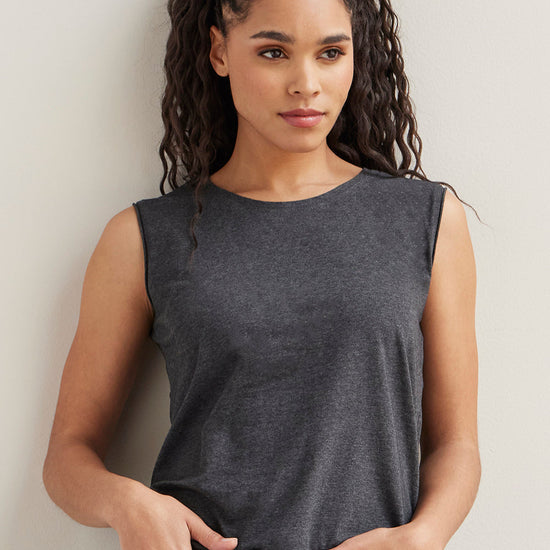 womens organic pima cotton sleeveless tee - dark charcoal heather grey - ethically made - fair trade clothing - fair indigo