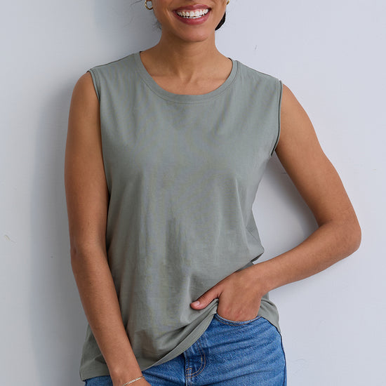 womens organic all cotton sleeveless tee - sage green - ethically made - fair trade clothing - fair indigo