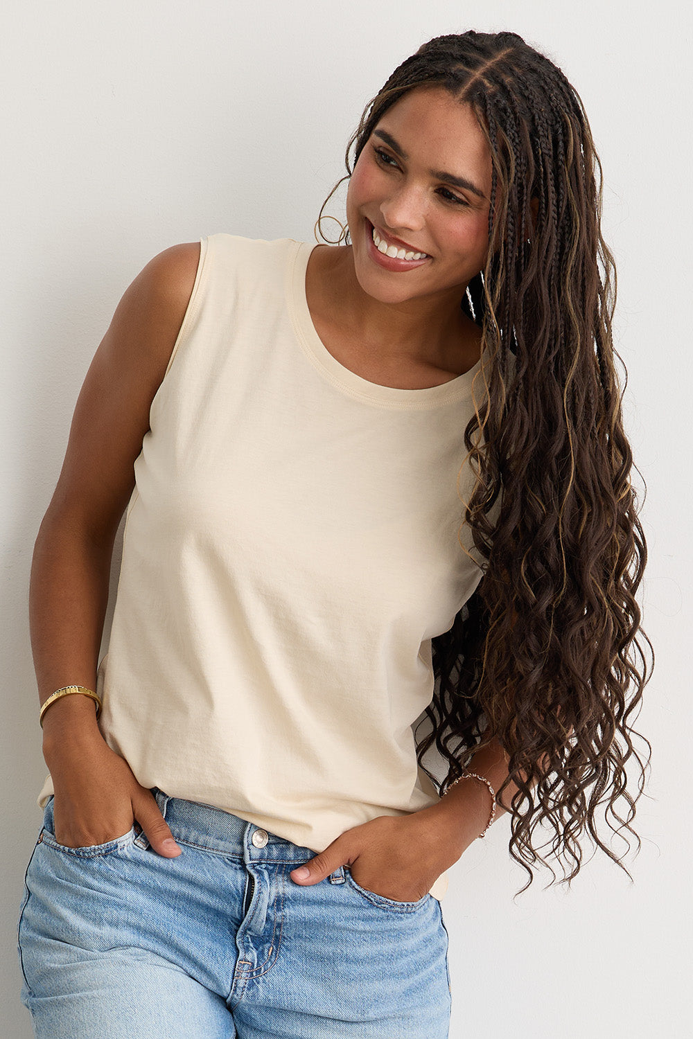 womens organic pima cotton sleeveless tee - undyed natural beige - ethically made - fair trade clothing - fair indigo