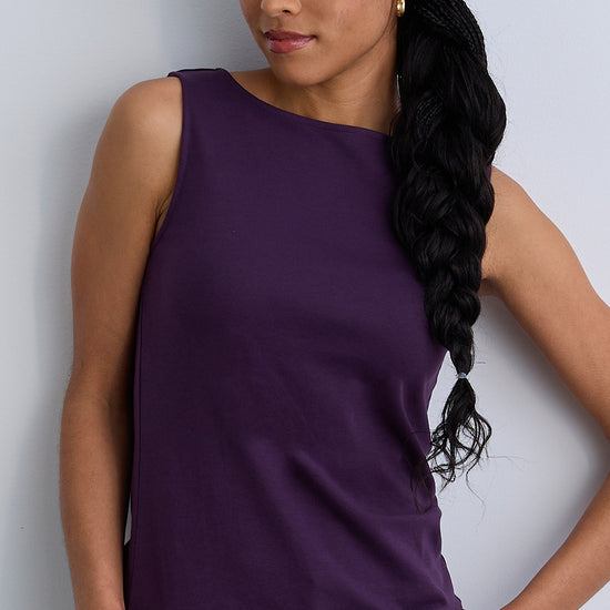 womens 100% organic cotton luxe sleeveless boat neck tee - eggplant purple- fair indigo fair trade ethically made