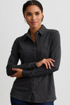 womens organic pima cotton knit button down shirt- charcoal grey - fair trade ethically made