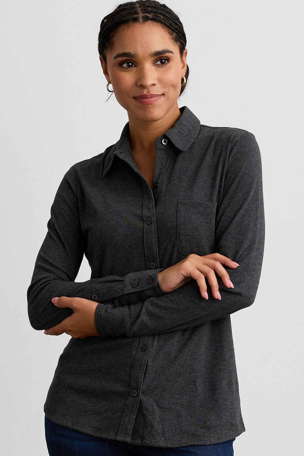 womens organic pima cotton knit button down shirt- charcoal grey - fair trade ethically made