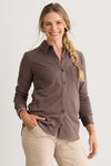 womens organic all cotton knit button down shirt- iron brown - fair trade ethically made