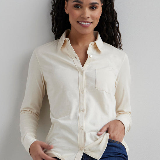 womens organic all cotton knit button down shirt- undyed natural cotton beige - fair trade ethically made