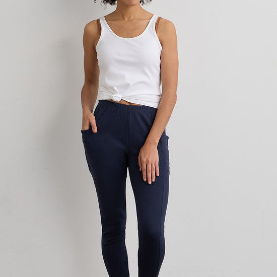 womens organic 100% cotton pocket leggings - navy blue - fair indigo fair trade ethically made