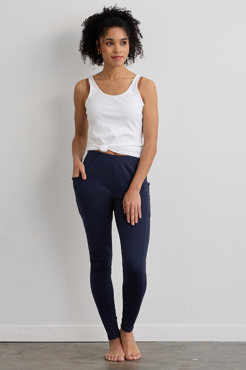 womens organic 100% cotton pocket leggings - navy blue - fair indigo fair trade ethically made