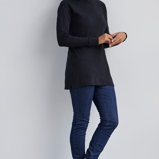 womens all cotton luxe mock neck tunic - black - fair indigo ethically made