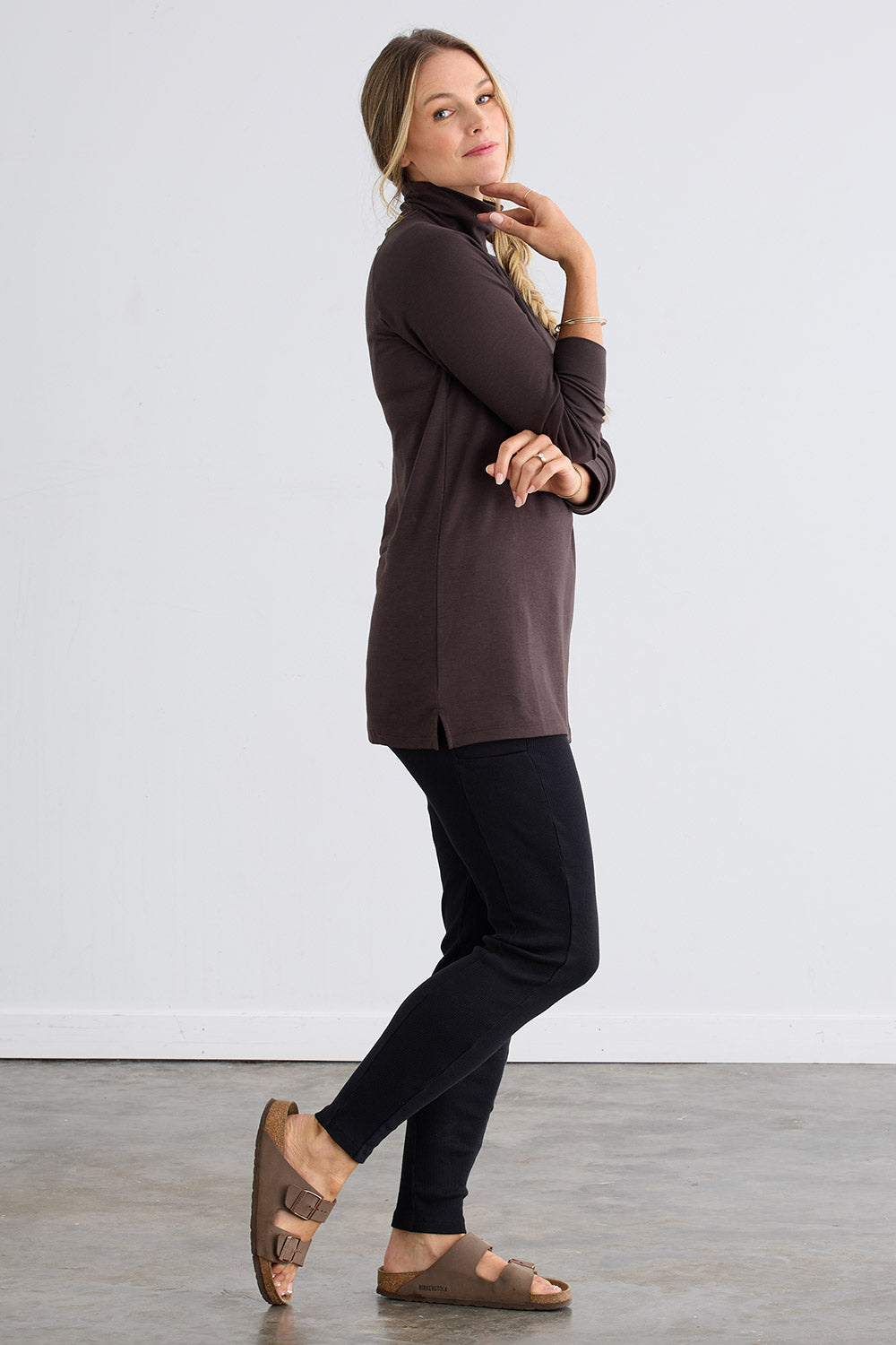 womens all cotton luxe mock neck tunic - dark chocolate brown - fair indigo ethically made