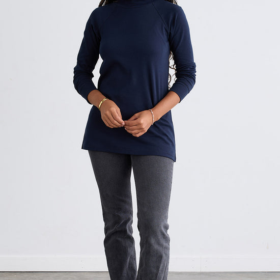 womens 100% organic cotton luxe mock neck tunic - dark navy bue - fair indigo ethically made
