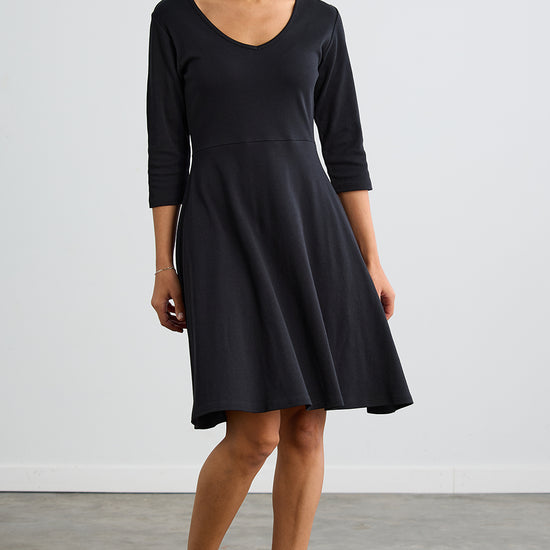 womens organic cotton 3/4 sleeve v-neck dress - black - fair indigo fair trade ethically made