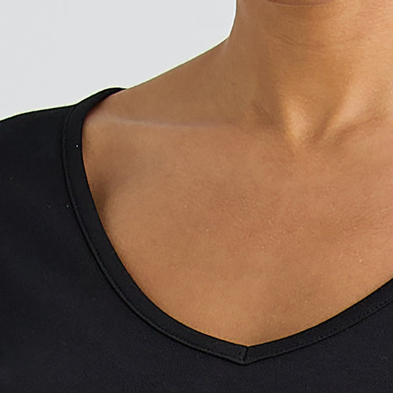 womens organic cotton elbow sleeve v-neck dress - black - fair indigo fair trade ethically made