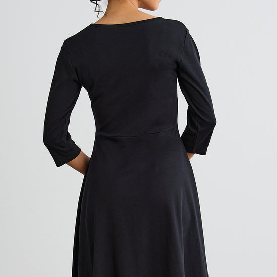 womens organic cotton 3/4 sleeve v-neck dress - black - fair indigo fair trade ethically made