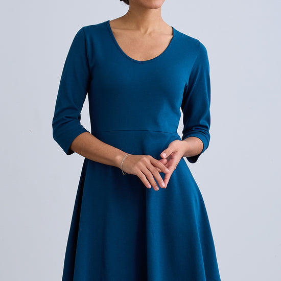 womens organic cotton elbow sleeve v-neck dress - peacock blue - fair indigo fair trade ethically made