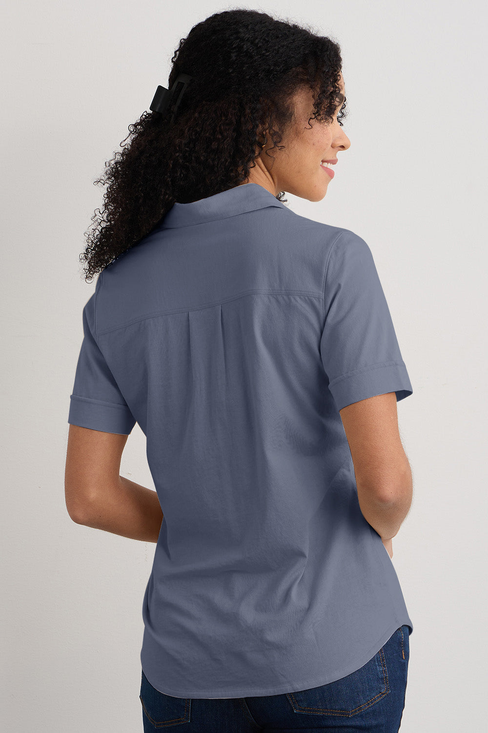 womens organic all cotton button down blouse - slate blue - ethically made - fair trade clothing - fair indigo