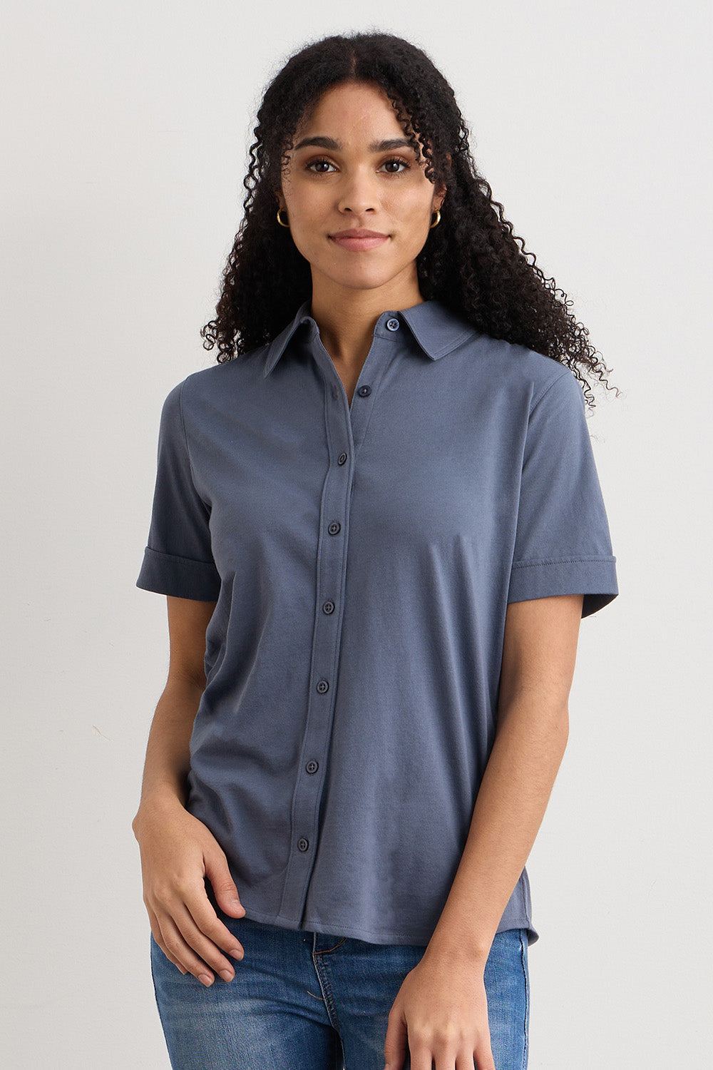 womens organic all cotton button down blouse - slate blue - ethically made - fair trade clothing - fair indigo