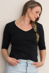 womens organic half sleeve v-neck t-shirt - black - ethically made fair trade clothing - fair indigo